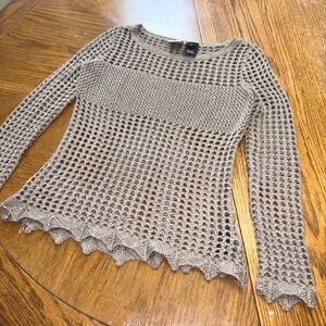 Harley Davidson Tan Open Knit Crochet Mesh Long Sleeve Top ScallopHem S